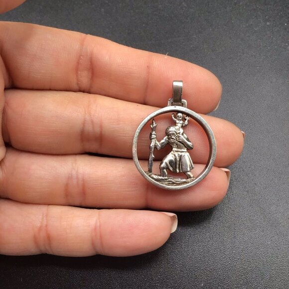 St. Christopher Charm Sterling Silver Double Sided Dimensional Religious Pendant - Picture 3 of 5